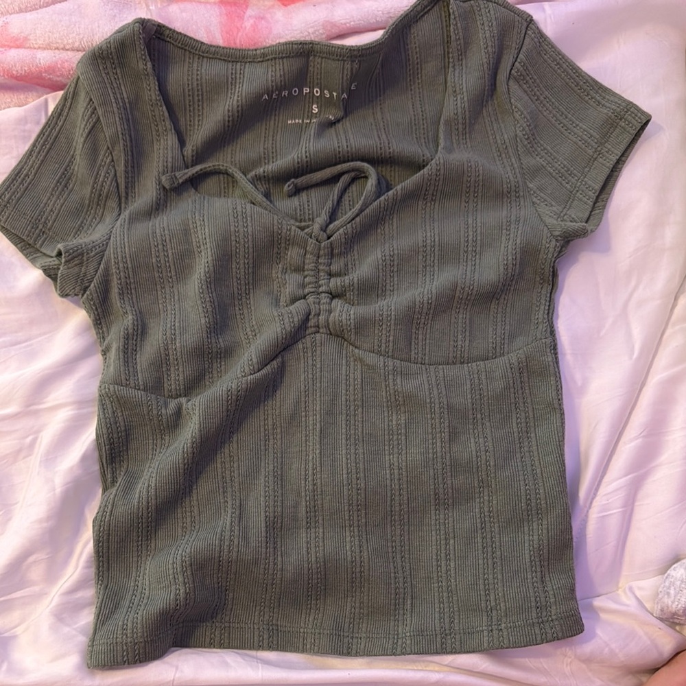 Aeropostale Green Ribbed Ruched Cut Out Blouse
